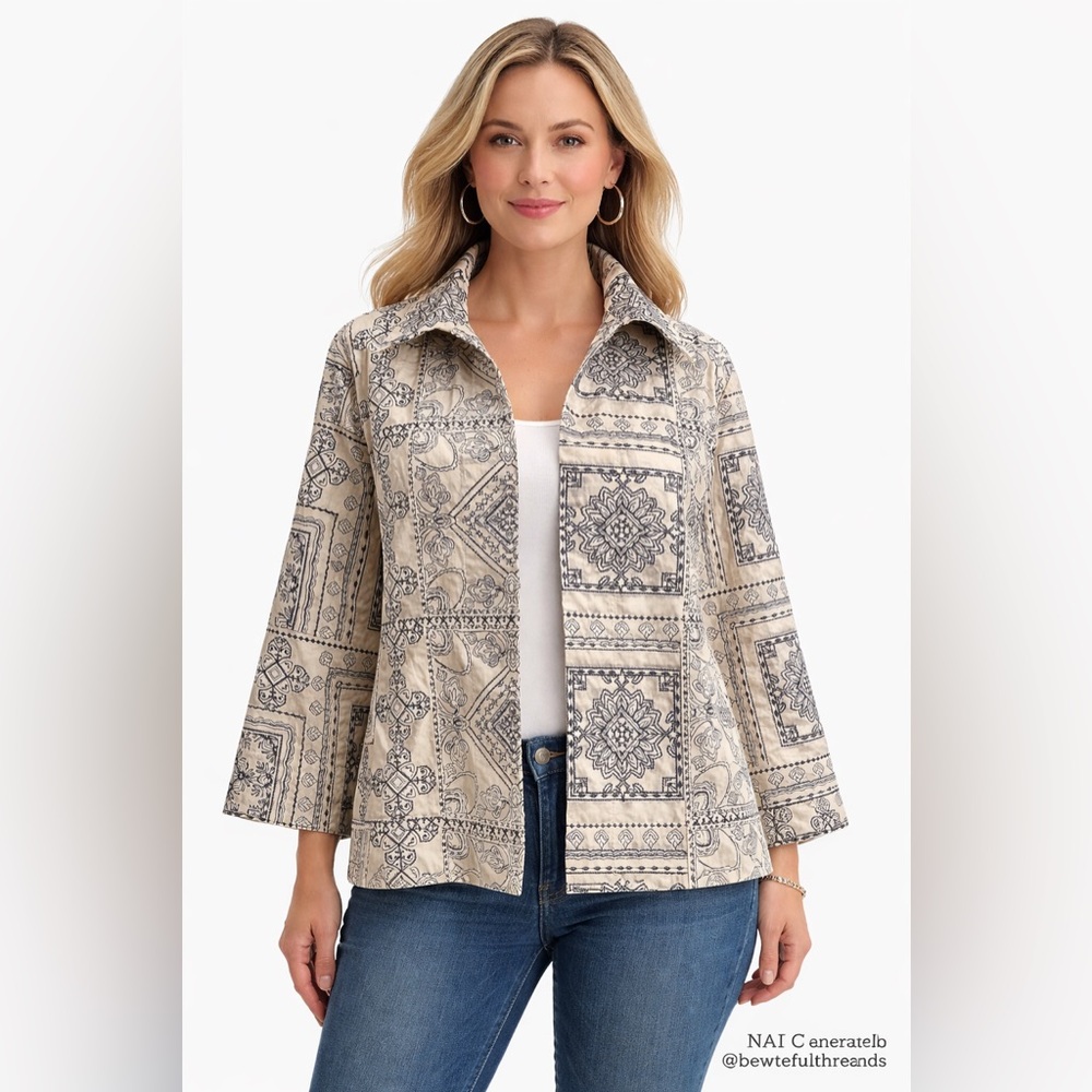 Chico’s Size 2 (Fits L–XL) Off-White Blue Embroidered Stretch Jacket